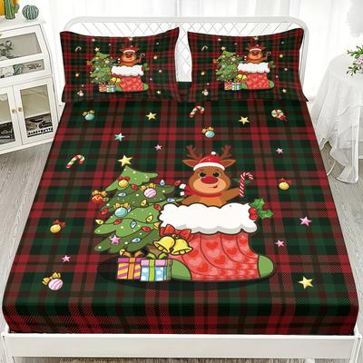3-teiliges Merry Christmas Druck Kernloses Spannbettlaken-Set Mehrere Größen Weiche Bettdecke Schlafzimmer Bettwäsche Dekorationen Maschinenwaschbar