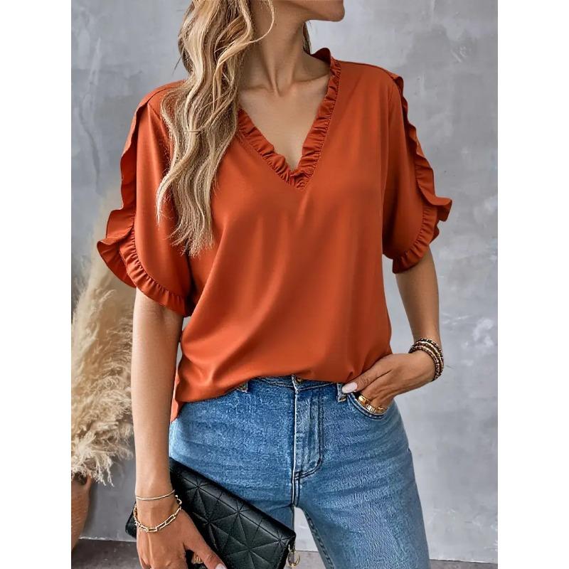 Summer Casual Short Sleeve Shirt Women V Neck Ruffle Design Loose Tee Tops Solid Elegant Women T-Shirts