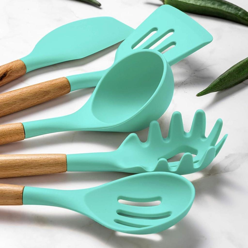 Set di 12 Utensili da Cucina in Silicone e Spatole | Strumenti Antiaderenti per Cucinare e Infornare con Manico in Legno