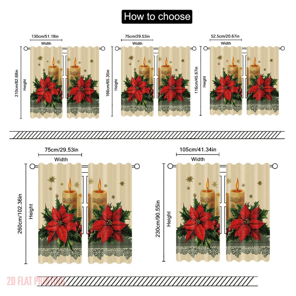 2pcs,2D Plane Printing Minimalist Curtains Christmas Candles Poinsettia Stars (2) Versatile Fabric (without Rod) Gifts for