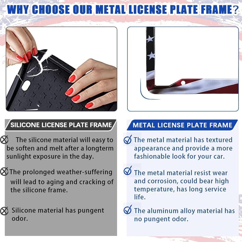 American Flag License Plate Frame Holder - 2 Pack Universal Aluminum Matte Stripe US Flag Gloss Patriotic Car Plate Frame Covers With Free Screws