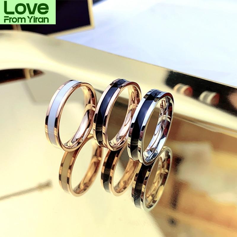 Shouman Rose Gold Color Color White Black Charm Finger Ring Woman Man Custom Engrave Name Bridal Party Event Wedding Occasion Jewelry 316L Stainless