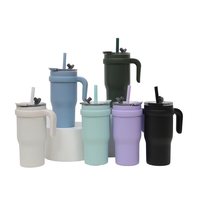 New Solid Color 304 Stainless Steel Thermos Cup, Outdoor Portable Ice Cup With Handle, Fashionable Student Water Cup