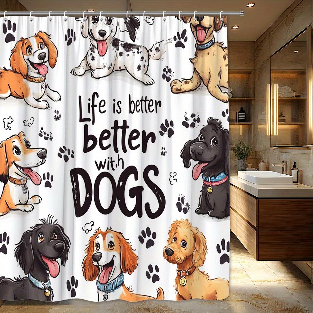 1pc Playful Cartoon Dogs Shower Curtain - "Life is Better with DOGS" Text, Expressive Happy Faces, Unique Collars & Tags, Poly