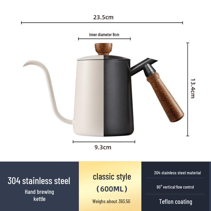 600ML Solid Wood Handle Drip Kettle - 304 Stainless Steel Pour Over Coffee Brewer with Long Spout 600ML-Classic Wood Handle чёрный