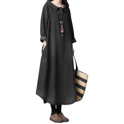 R6seven Denim Long Sleeve Lapel Long Maxi Length Tunic Loose Women's Dress, Dress, Dress, Fit, Casual, Figure-Flattering, Cute, Adult, Autumn/Winter