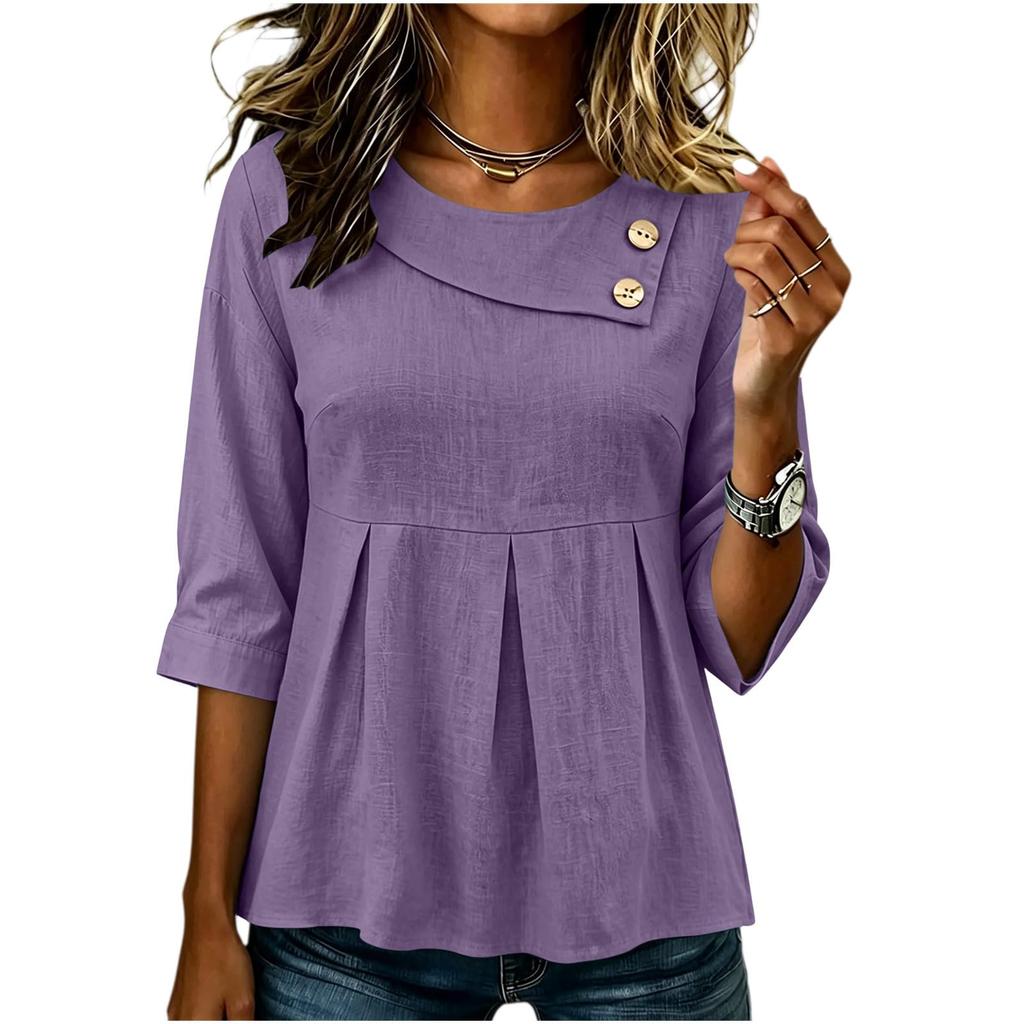 Women's Color Casual Button Down Long Sleeve Blouse with Round Neck