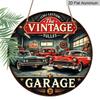 2D Flat, 1pc Vintage Aluminum Round Wall Plaque - Retro Garage Metal Sign with Classic Cars & Tools Design, Americana Decor for Bars, Cafes