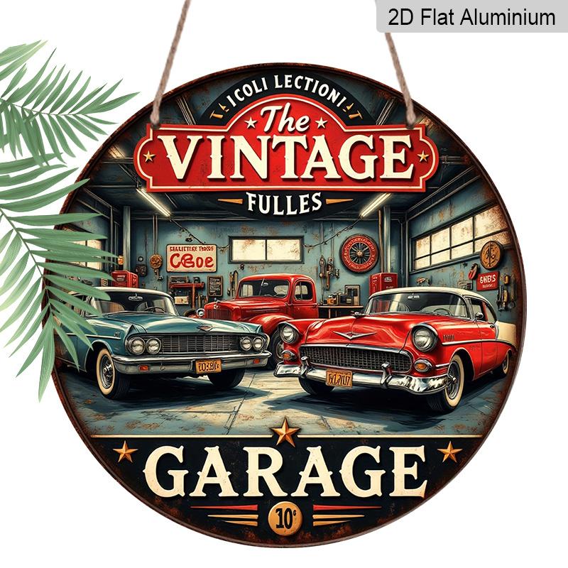 

2D Flat, 1pc Vintage Aluminum Round Wall Plaque - Retro Garage Metal Sign with Classic Cars & Tools Design, Americana Decor for Bars, Cafes 1pc