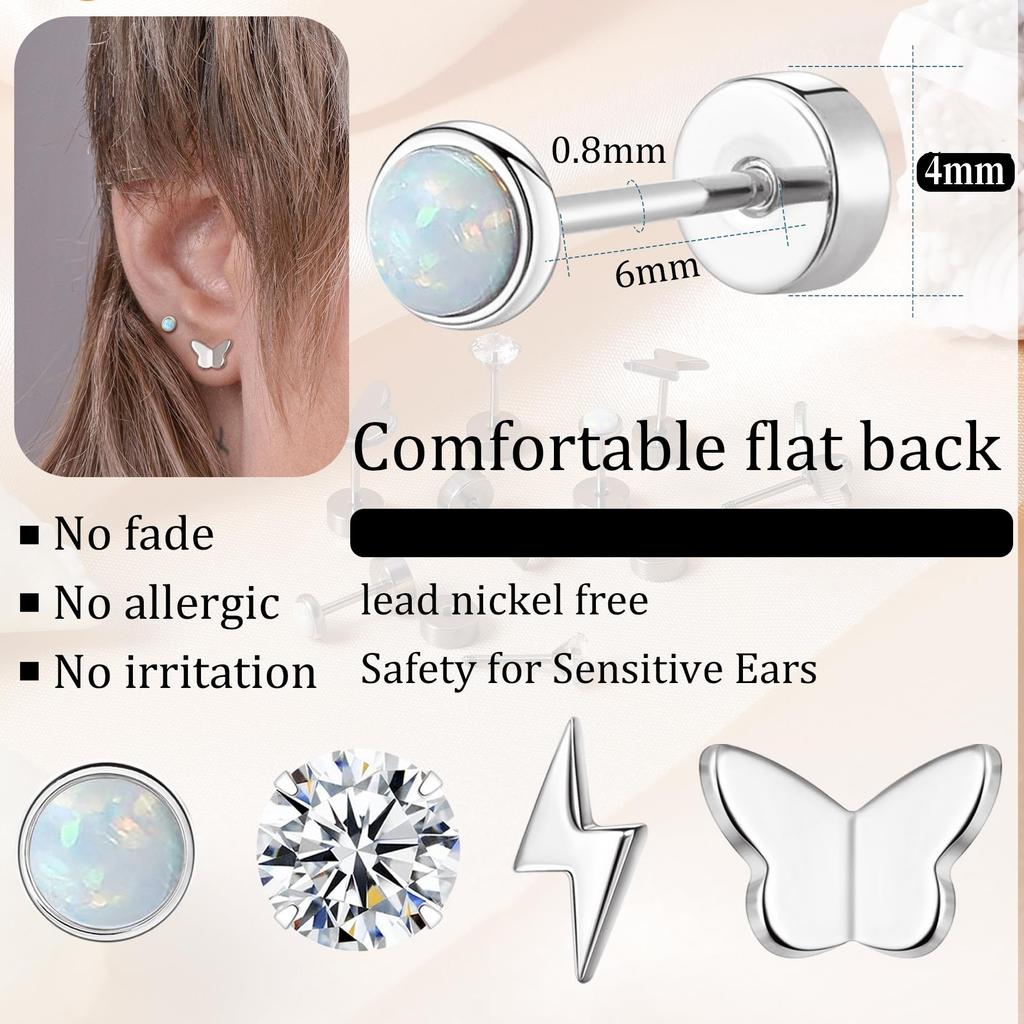 4 Pairs CZ & Opal Flat Back Earrings for Women & Men,  Hypoallergenic Earrings for Sensitive Ears, Screw Back Cartilage Earrings