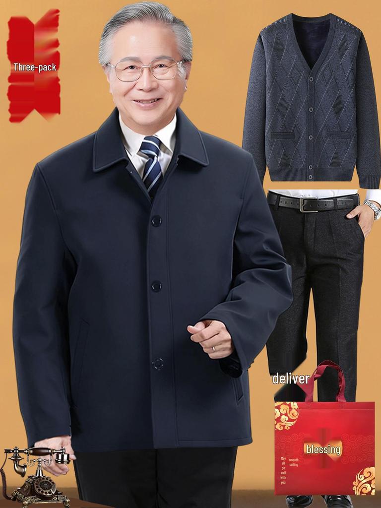 Elderly Men's Winter Fleece-Lined Cotton Jacket, Short Style for Ages 50-70