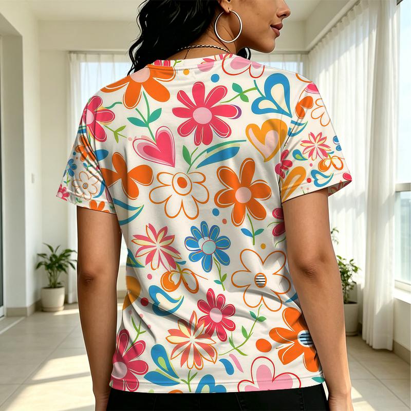 Women’s Colorful Floral Print Short Sleeve T-Shirt - Soft Street Casual Top, Versatile for Daily & Campus Wear