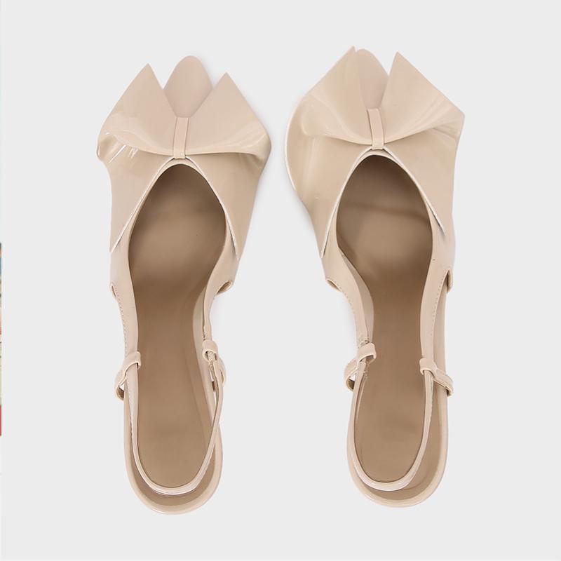 Patent Leather Women High Heels Sandals Beige Elegant Bow Decoration Stilettos Pointed Toe Summer Slingbacks Office Lady Shoes