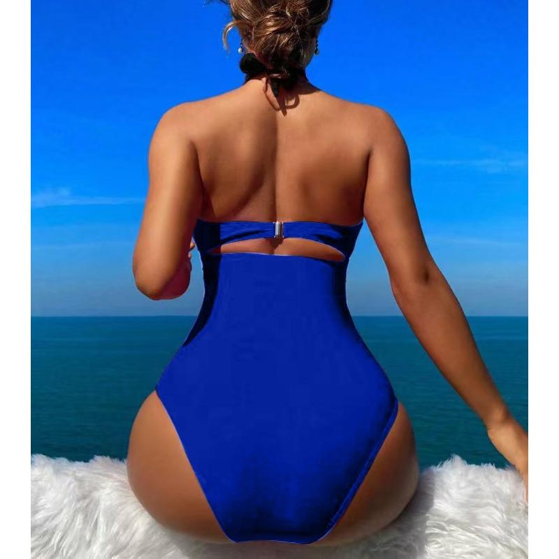 Damen Hohe Taille Einfarbige Rückenfreie Neckholder Einteiler Konservativer Sexy Badeanzug