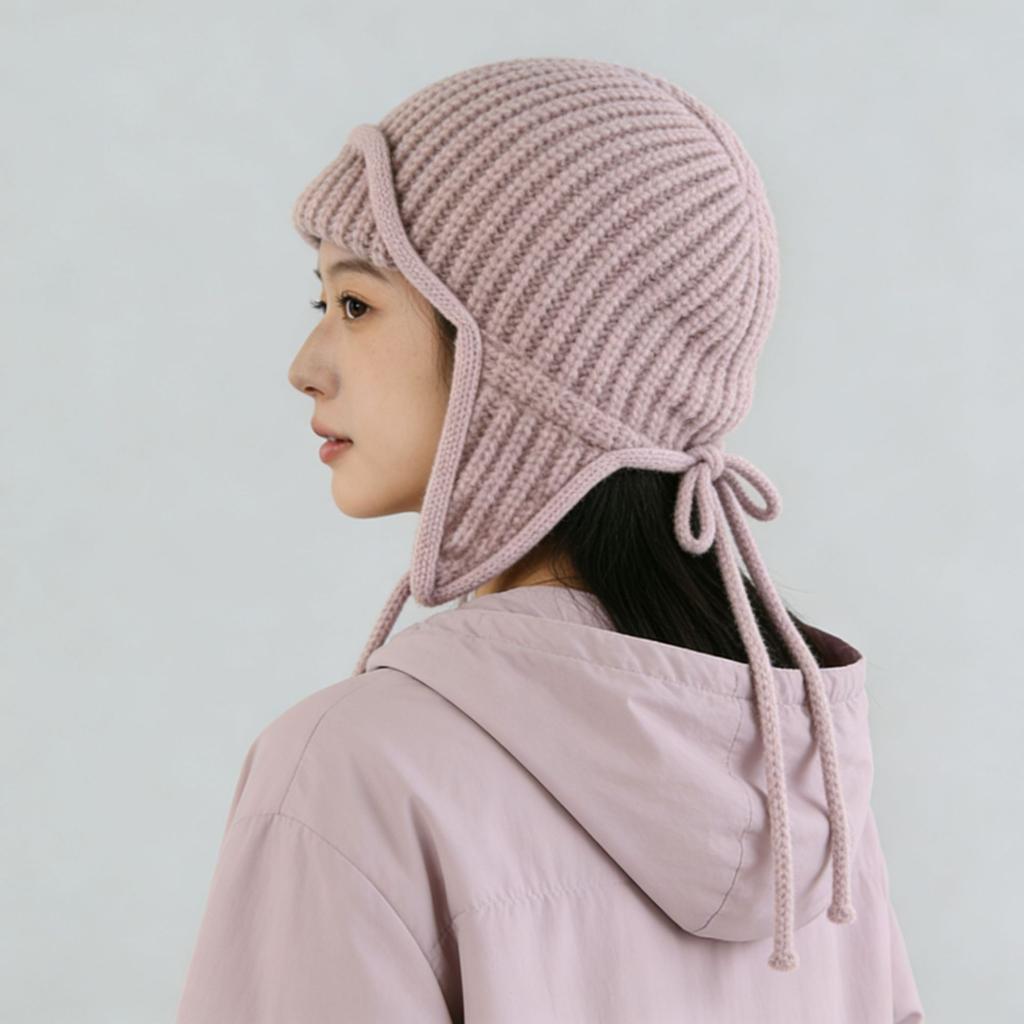 Autumn and winter pink knitted wool hat women's lace-up ear protectors flying hat warm versatile face small ski Lei Feng hat