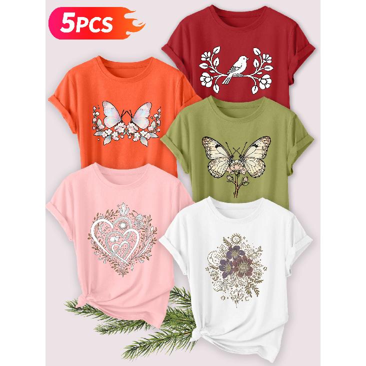 Five-piece set Elegant short-sleeved shirt for women Retro Butterfly and Mysterious Plant Series Printed Round Neck Women's Short Sleeve Shirt