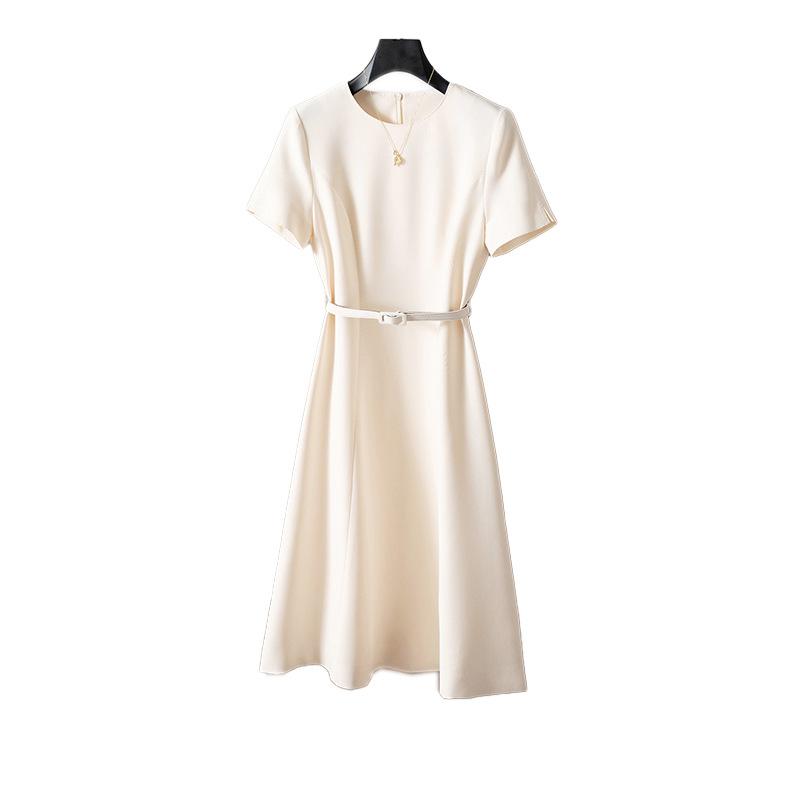 High-end fabric simple dress women's summer new round neck waist a word satin solid color skirt