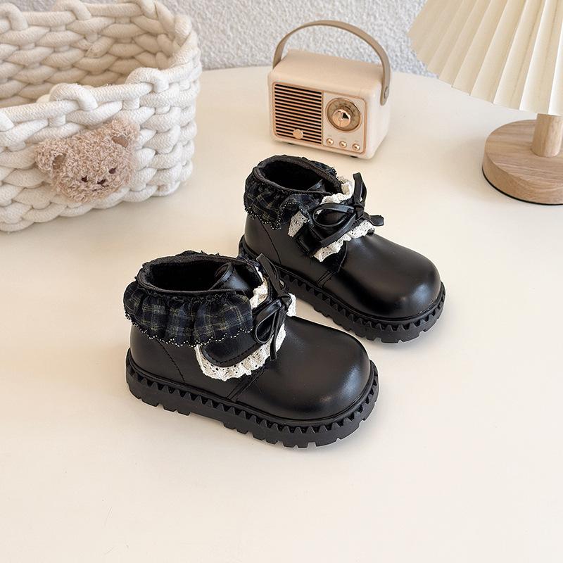 Kore Retro Kız Çocuk Siyah Kışlık Deri Ayakkabı 2025: Lolita Bebek Fiyonklu Pamuklu Kısa Botlar