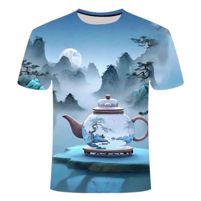 Summer New Teapot Landscape Illustration 3D Printed Short Sleeved Niche Men's and Women's T-shirt Top