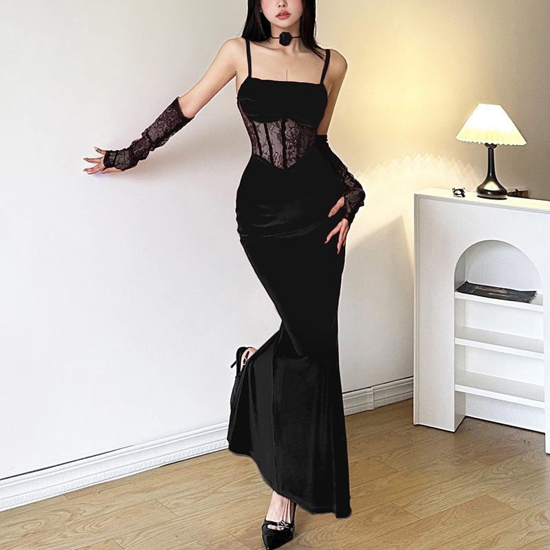 European and American style 2026 spring and summer new women's clothing solid color slim fit high waist fashion one-word collar suspender dress women