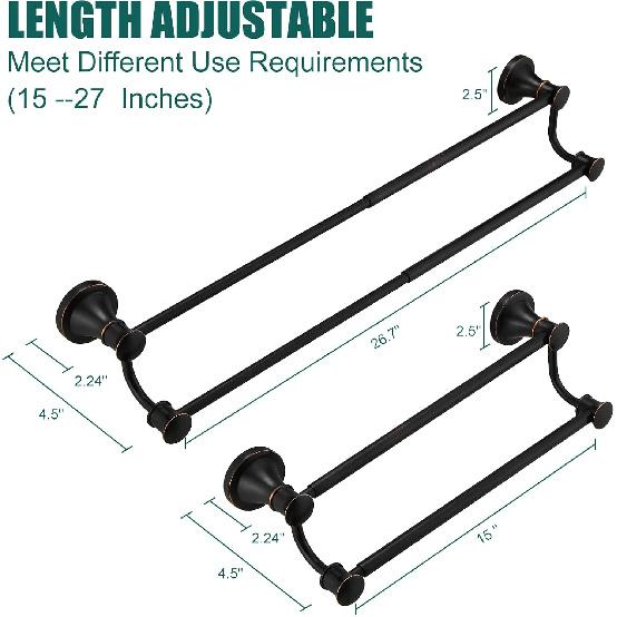 Hoimpro Adjustable Retractable 15-27 Inches Stainless Steel Bathroom Towel Bar, Bathroom Accessories Bath Hotel Double Towel Bar Rod Hanger Wall