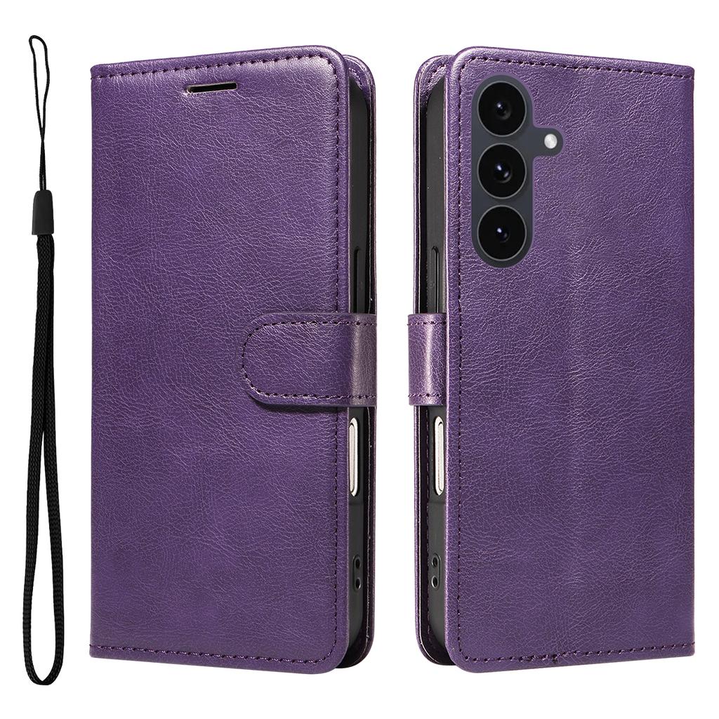 For Samsung Galaxy S25 FE Leather Wallet Case with Strap Solid Color Phone Stand Cover