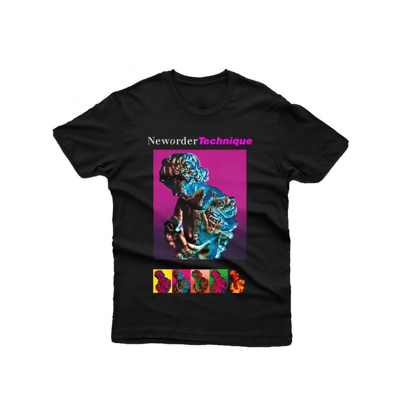 Men's Heavyweight 100% Cotton New Order Band Logo & Technique Print T-Shirt - Retro Music Tee with Iconic Lettering, Short Sleeve Crewneck for