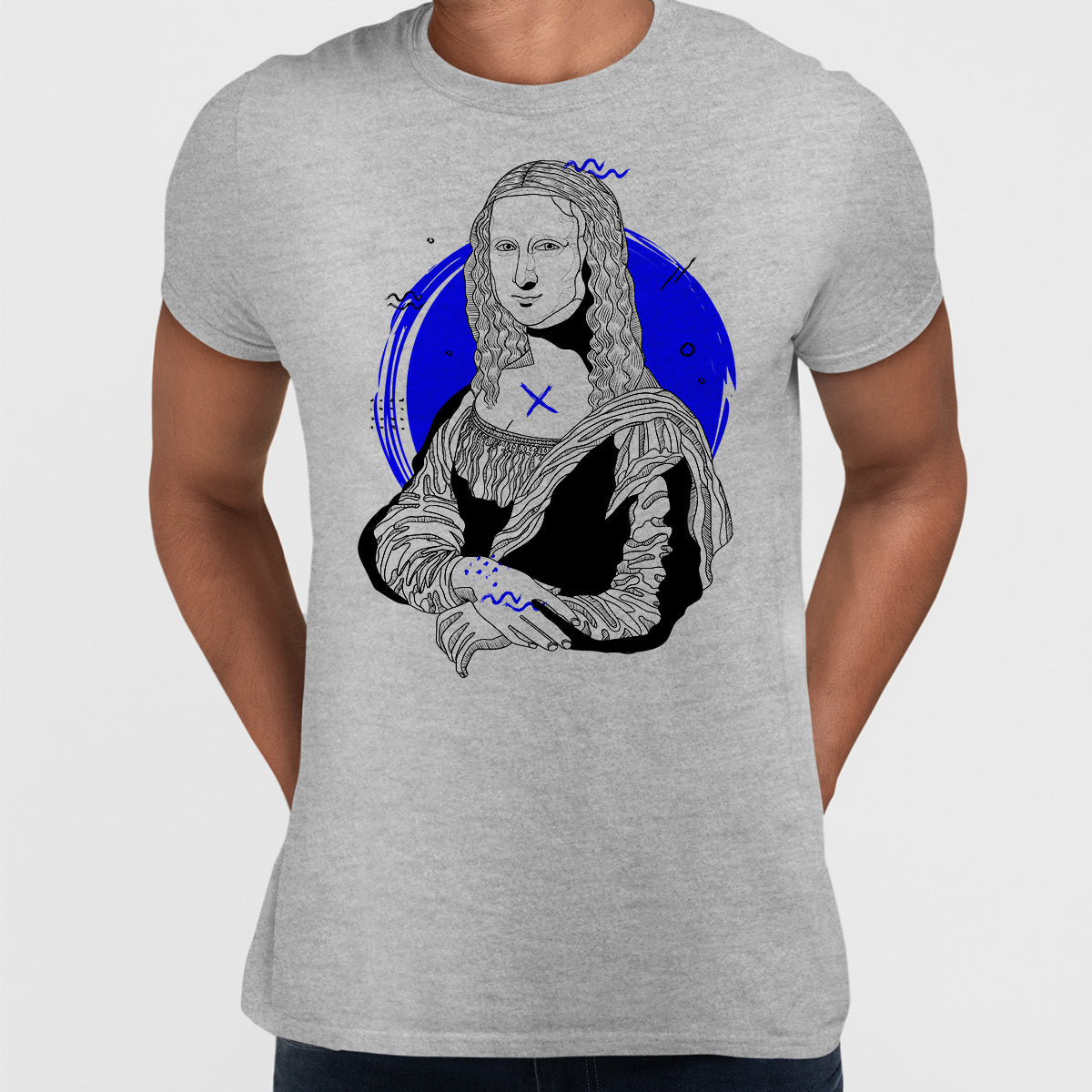 Mona Lisa Geometric Drawing T-Shirt Creative Gioconda Leonardo Tops S серый
