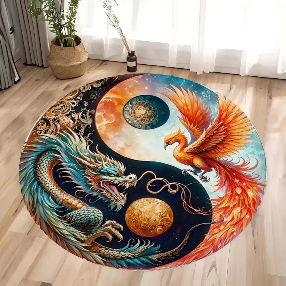 Yin Yang Mythische Kreaturen Muster Runder Fußabtreter Lebhafte Drachen und Glücksbringende Tiere Rutschfeste Fußmatte für Heimdekoration