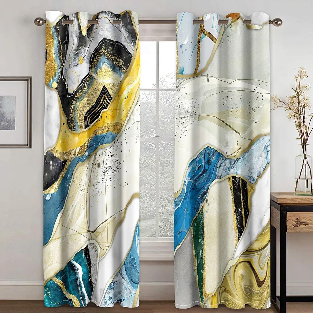 Ready-made Abstract Marble Blue Gold Design Cheap Modern Thin 2 Pieces Curtains for Living Room Bedroom Window Drape Home Decor