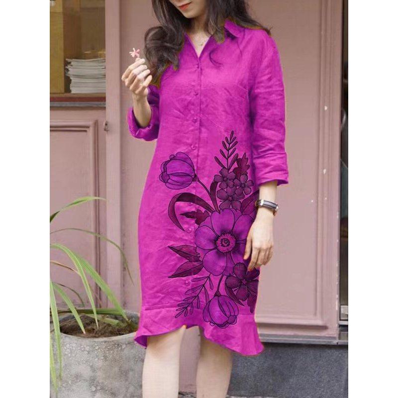 

Women s Long Sleeve Lapel Printed Loose Midi Shirt Dress Clothes Sale XXL Яскраво-рожевий