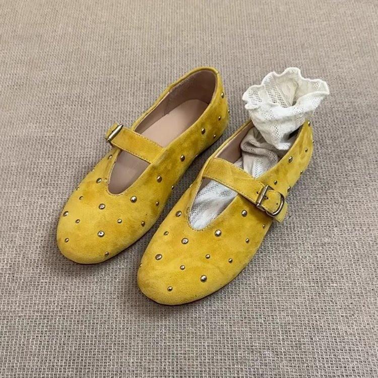 

Fashion Matte Leather Shallow-mouthed Small Single Shoes for Women, Retro Riveted Round-toe Mary Jane Shoes, Flat Grandma Shoes 35