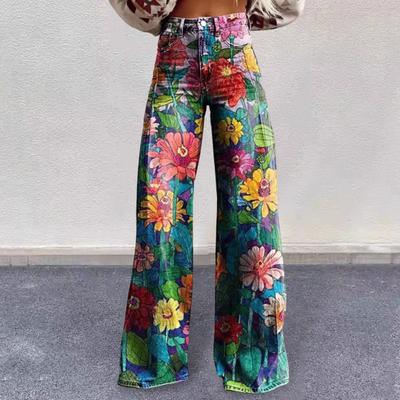 Yousheng Women Retro Pants High Waist Button Zipper Fly Pockets Long Trousers Digital Floral Print Casual Pants Distressed Straight Wide Leg Pants