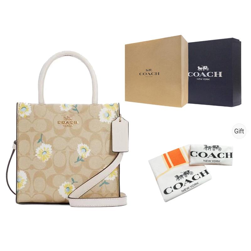 Coach Cally 17 Daisy Floral Print Coated Canvas And Pebble Leather Tote Bag Women Tote Bags Khaki C3599-IMOTV