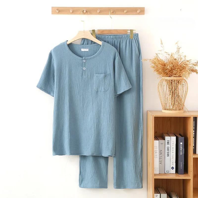 Men's Up Two Button Round Neck Pullover Tops with Pocket and Long Pants Casual Home Nightwear Men Sleepwear Set Four Seasons