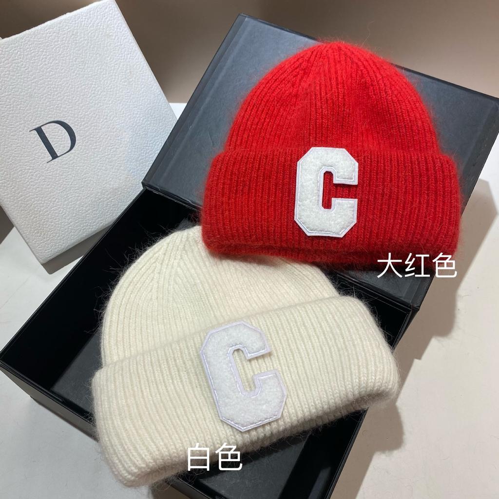 [Rabbit Fur] Extended Double-fold Edge Small Knitted Hat C Letter Wool Hat Winter Warm Cold Hat Women