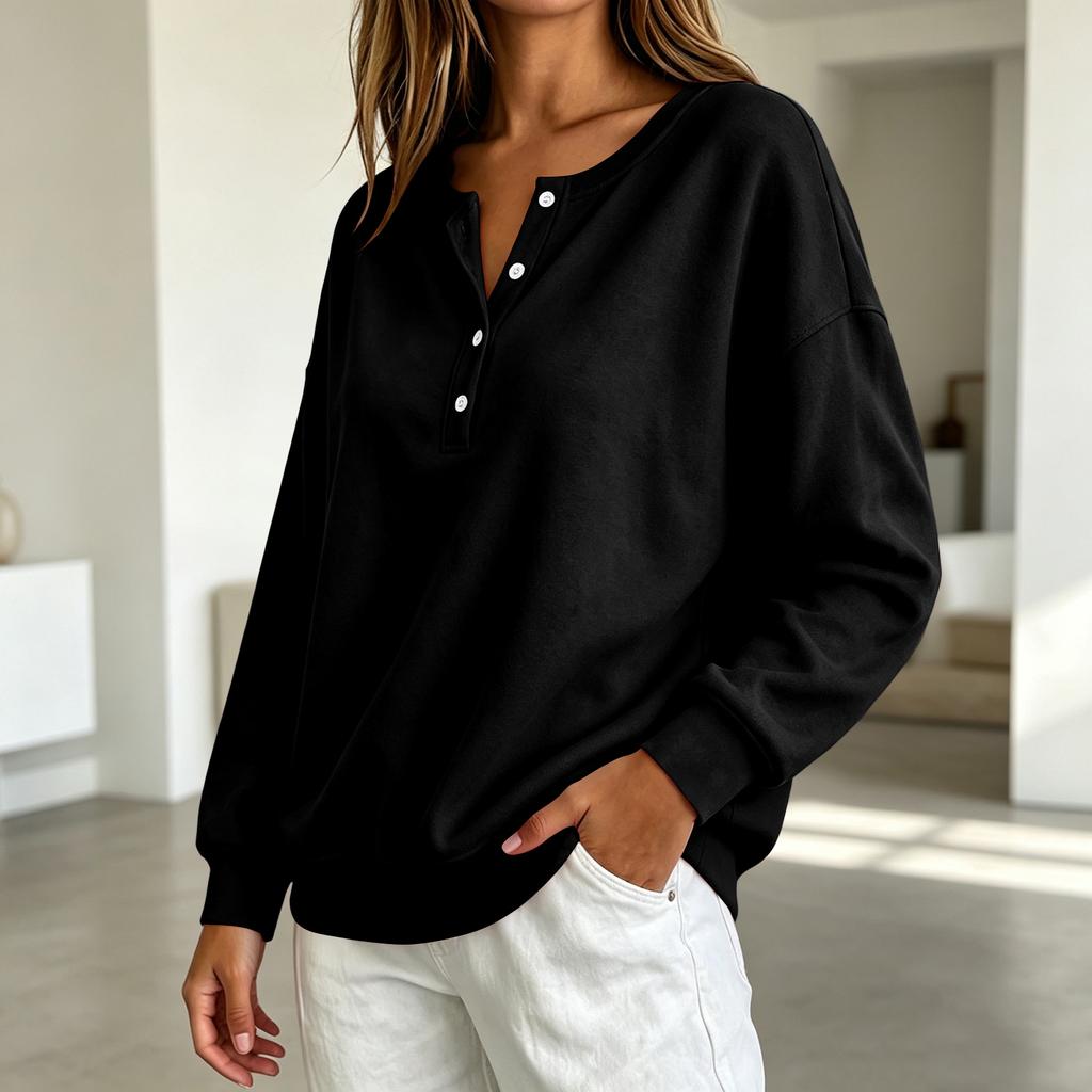 Women's V-Neck Button Pullover Sweatshirt Loose Fit Long Sleeve Casual Top