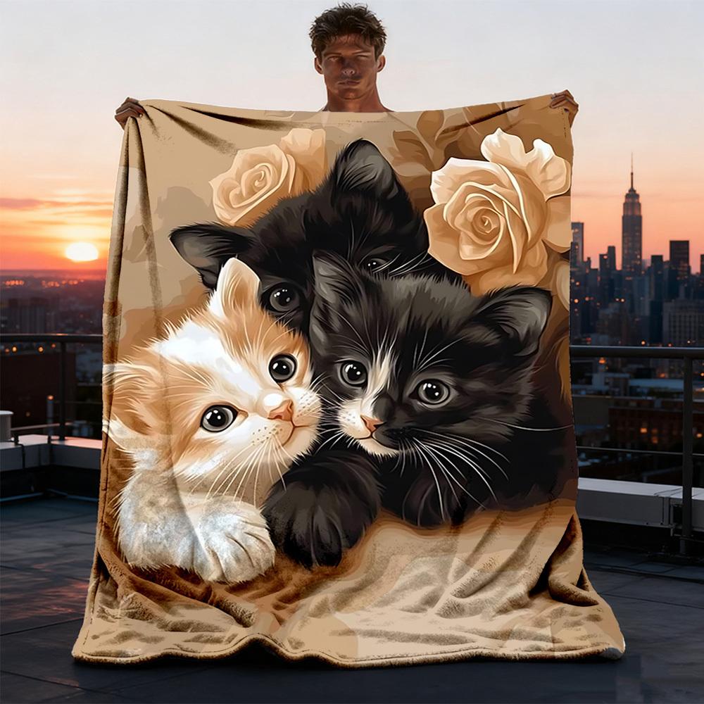 1pc Kitten Roses Outdoor Flannel Blanket , Machine Washable Perfect Gift for Birthday , Holiday Travel Accessory , Durable Material