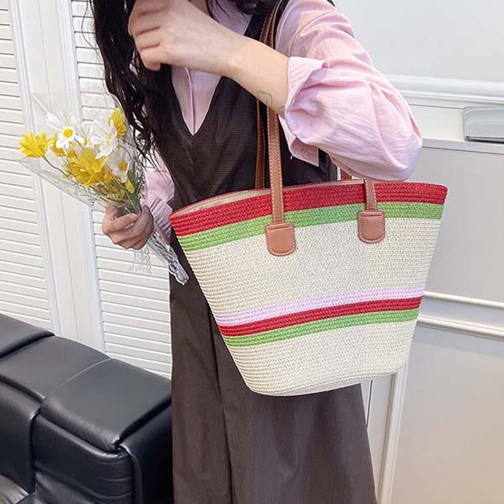 Large Capacity Stripe Woven Tote Bag Polyester Summer Beach Handbag Shopping Straw Bag  School