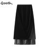 Women Velvet Split Splicing Skirt Mid Length Elastic Waist Casual Skirt QT2733