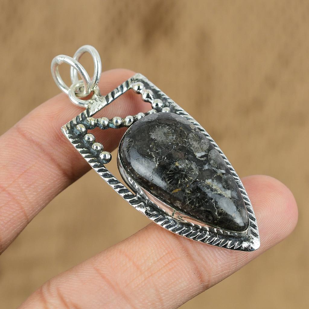 925 Sterling Silver Black Fossil Coral Stone Root Chakra Trendy Pendant Jewelry