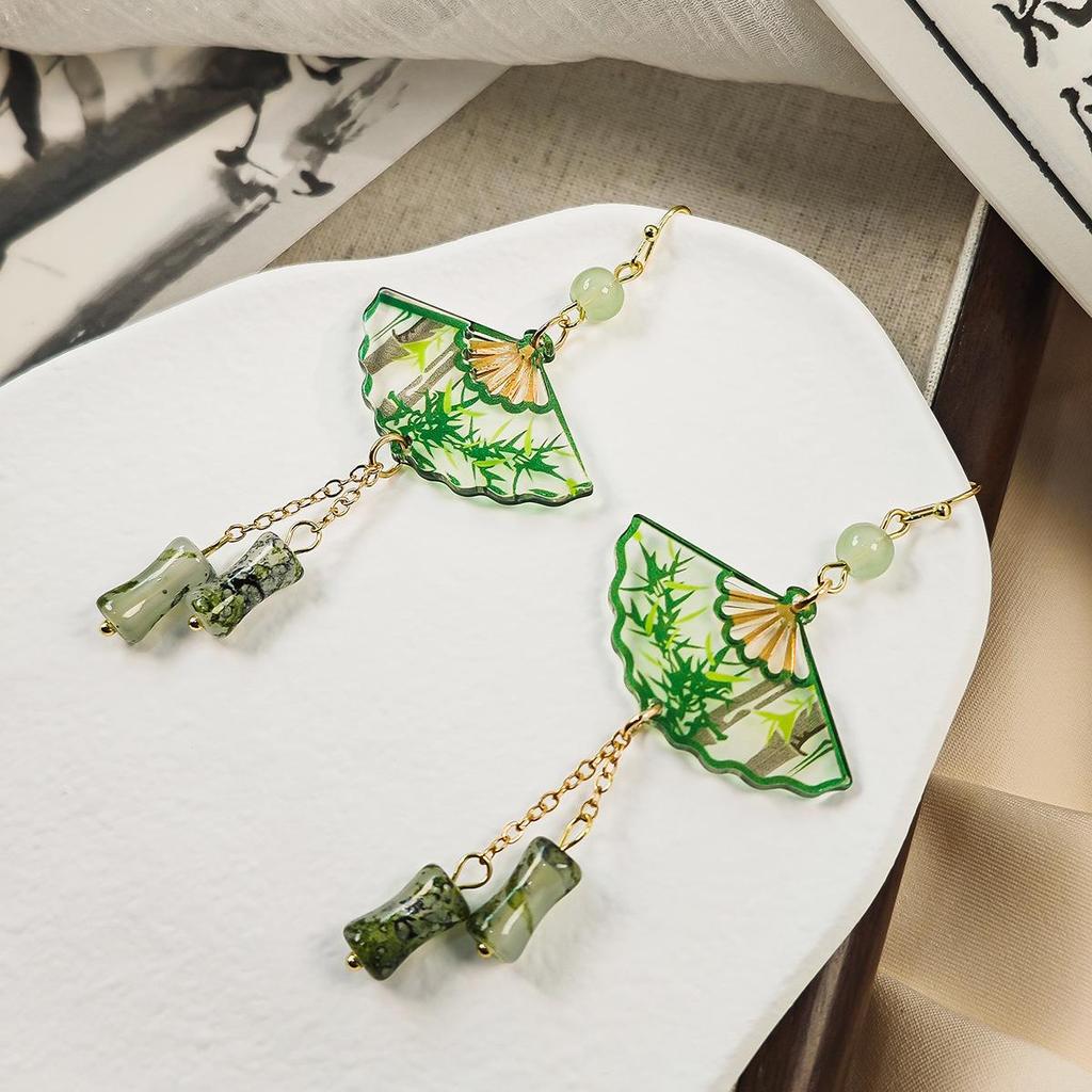 Retro Chinese Bamboo Tassel Earrings: Hanfu-Inspired Transparent Fan Design for Women