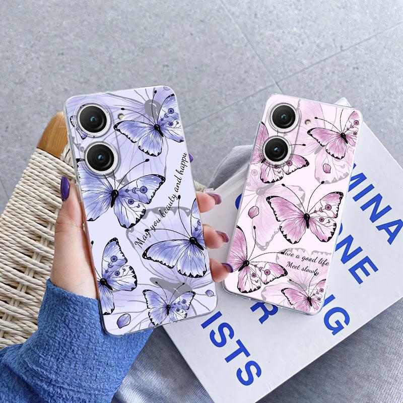 Per Custodia Asus Zenfone 9 10 Custodia Lussuosa Per Asus Zenfone 10 Marmo Fiore di Farfalla Cover Protettiva Trasparente in Silicone Morbido