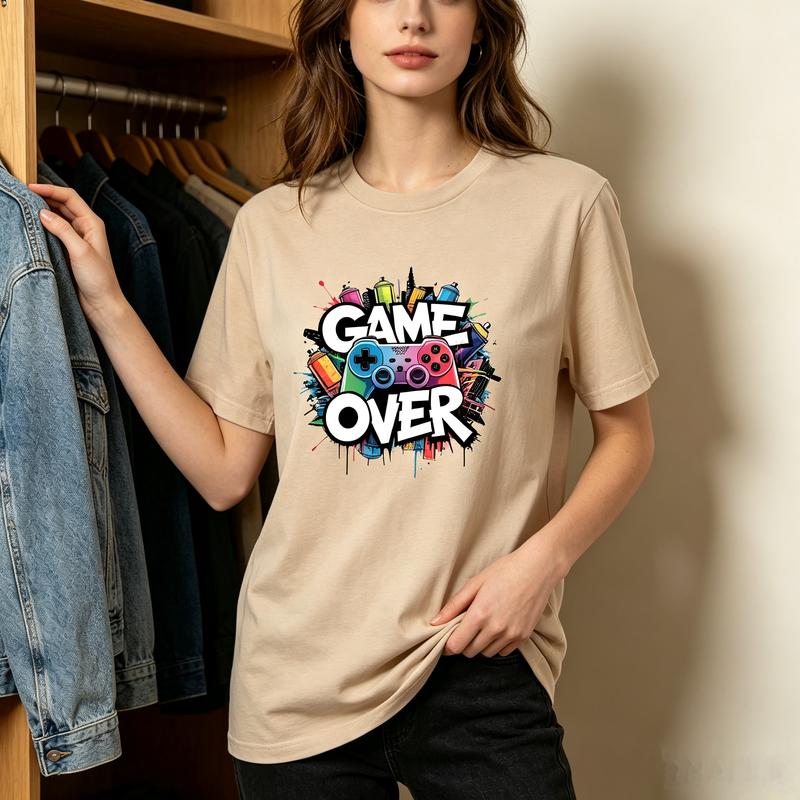 Game Over TShirt Video Game Controller Colorful Graffiti Graphic Tee Casual Streetwear Premium Cotton Top for Gamer Everyday