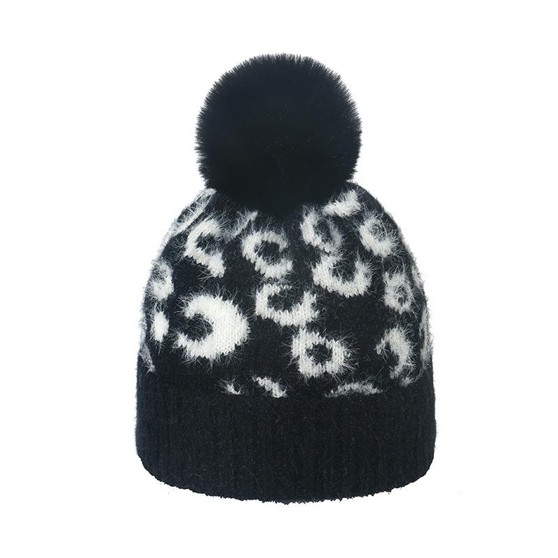 2025 autumn and winter new wool hat Korean version versatile warm mink pullover hat hairball leopard print knitted hat women