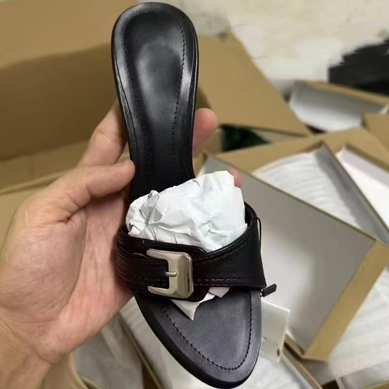 New Summer New Buckle Decoration Beige Workplace Versatile High-heeled Sandals Femininity Thin Heel One-word Cool Slippers