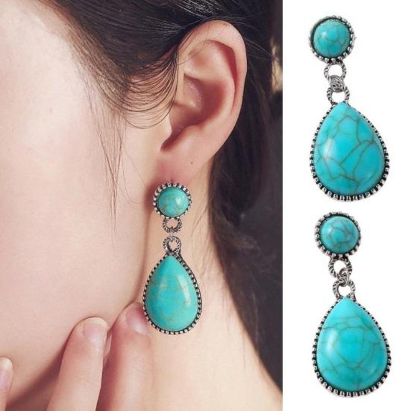 Bohemian Retro Turkuaz Kolye Küpe Kadın Geometrik Dangle Küpe Ulusal Tarzı Kolye Takı Hediyeler