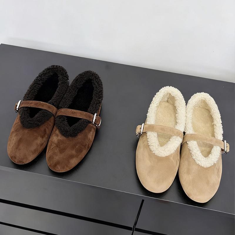 Wool Mary Janes Women Flats Heels Lambs Fur Shoes Ladies Belt Buckle Furry Ballerines Cozy Warm Loafers Female