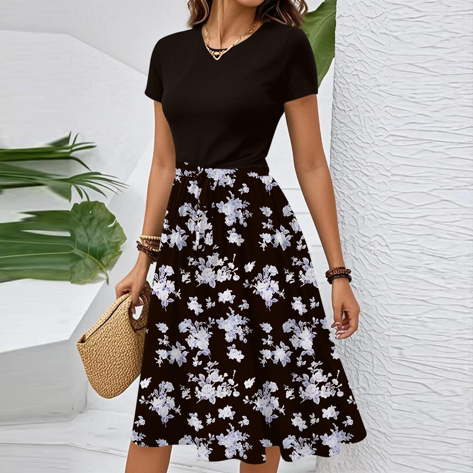 

Женское повседневное модное элегантное платье с поясом и цветочным принтом, коротким рукавом и круглым вырезом L чёрный