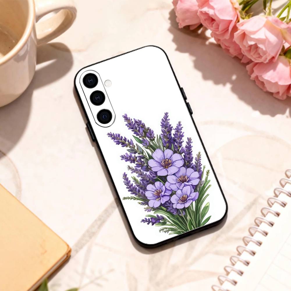 L-Lavender P-Purple F-Flowers phone Case For Samsung Galaxy A73,A72,A71,A70,A53,A52,A51,Others Soft Black Shell